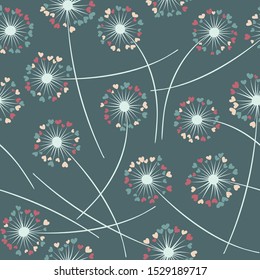 Cute dandelion blowing vector floral seamless pattern. May flowers with heart shaped fluff flying. Dandelion herbs meadow flowers floral background design. Meadow blossom with hearts fuzz.