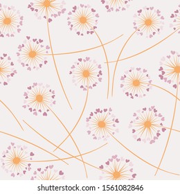 Cute dandelion blowing vector floral seamless pattern. Simple flowers with heart shaped fluff flying. Vector dandelion herbs meadow flowers floral background. Meadow blossom textile print graphics.