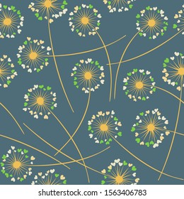 Cute dandelion blowing vector floral seamless pattern. May flowers with heart shaped petals. Dandelion herbs meadow flowers floral pattern design. Hearts love symbols meadow blossom.