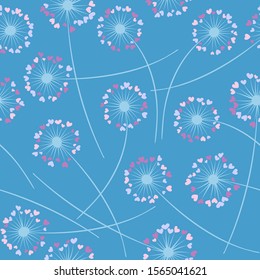 Cute dandelion blowing vector floral seamless pattern. Lovely flowers with heart shaped petals. Dandelion herbs meadow flowers floral pattern design. Meadow blossom with hearts fuzz.