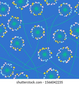 Cute dandelion blowing vector floral seamless pattern. Cute flowers with heart shaped petals. Dandelion herbs meadow flowers floral pattern design. Meadow blossom textile print graphics.