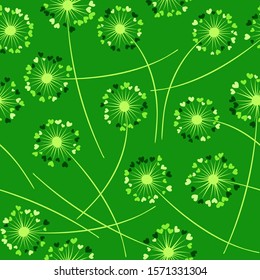 Cute dandelion blowing vector floral seamless pattern. Simple flowers with heart shaped petals. Dandelion herbs meadow flowers floral pattern design. Meadow blossom with hearts fuzz.