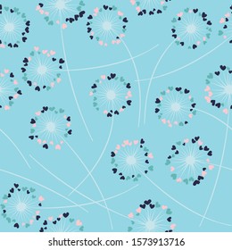 Cute dandelion blowing vector floral seamless pattern. Cute flowers with heart shaped fluff flying. Dandelion herbs meadow flowers floral pattern design. Meadow blossom textile print graphics.
