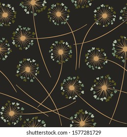 Cute dandelion blowing vector floral seamless pattern. Spring flowers with heart shaped petals. Dandelion herbs meadow flowers floral pattern design. Meadow blossom with hearts petals.