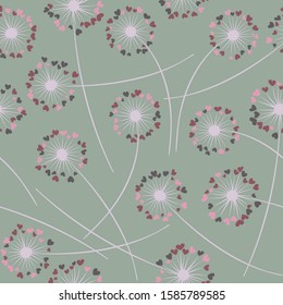 Cute dandelion blowing vector floral seamless pattern. Lovely flowers with heart shaped fluff flying. Vector dandelion herbs meadow flowers floral background. Meadow blossom textile print.