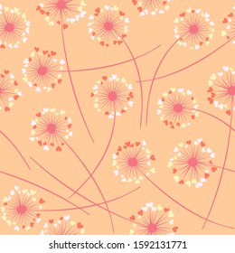 Cute dandelion blowing vector floral seamless pattern. May flowers with heart shaped fluff flying. Dandelion herbs meadow flowers floral pattern design. Meadow blossom textile print.