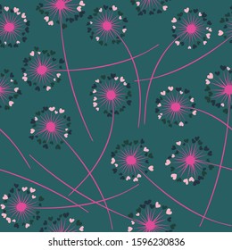 Cute dandelion blowing vector floral seamless pattern. Spring flowers with heart shaped fluff flying. Vector dandelion herbs meadow flowers floral background. Hearts love symbols meadow blossom.