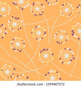 Cute dandelion blowing vector floral seamless pattern. Spring flowers with heart shaped petals. Dandelion herbs meadow flowers floral background design. Meadow blossom with hearts petals.