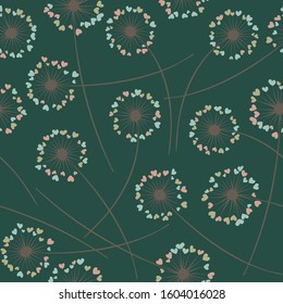 Cute dandelion blowing vector floral seamless pattern. May flowers with heart shaped petals. Dandelion herbs meadow flowers floral pattern design. Meadow blossom with hearts fuzz.