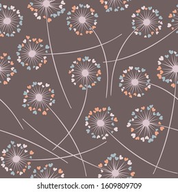 Cute dandelion blowing vector floral seamless pattern. Spring flowers with heart shaped petals. Dandelion herbs meadow flowers floral background design. Meadow blossom with hearts fuzz.