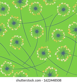 Cute dandelion blowing vector floral seamless pattern. May flowers with heart shaped fluff flying. Vector dandelion herbs meadow flowers floral background. Hearts love symbols meadow blossom.
