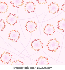 Cute dandelion blowing vector floral seamless pattern. Lovely flowers with heart shaped fluff flying. Vector dandelion herbs meadow flowers floral background. Meadow blossom with hearts fuzz.
