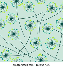 Cute dandelion blowing vector floral seamless pattern. May flowers with heart shaped fluff flying. Vector dandelion herbs meadow flowers floral background. Meadow blossom with hearts petals.