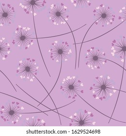 Cute dandelion blowing vector floral seamless pattern. Cute flowers with heart shaped fluff flying. Dandelion herbs meadow flowers floral background design. Meadow blossom with hearts fuzz.