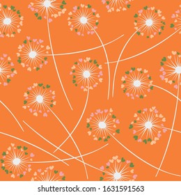Cute dandelion blowing vector floral seamless pattern. Simple flowers with heart shaped petals. Dandelion herbs meadow flowers floral background design. Meadow blossom textile print graphics.