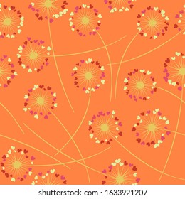 Cute dandelion blowing vector floral seamless pattern. Cute flowers with heart shaped petals. Dandelion herbs meadow flowers floral background design. Meadow blossom fabric print graphics.