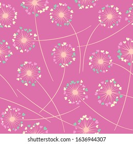Cute dandelion blowing vector floral seamless pattern. Simple flowers with heart shaped petals. Dandelion herbs meadow flowers floral background design. Meadow blossom with hearts fuzz.