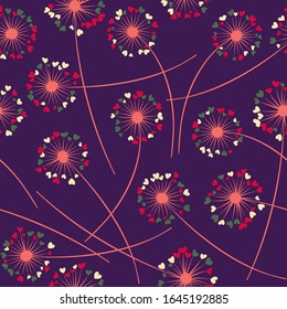 Cute dandelion blowing vector floral seamless pattern. Simple flowers with heart shaped petals. Vector dandelion herbs meadow flowers floral background. Hearts love symbols meadow blossom.