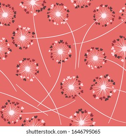 Cute dandelion blowing vector floral seamless pattern. Lovely flowers with heart shaped fluff flying. Vector dandelion herbs meadow flowers floral background. Hearts love symbols meadow blossom.