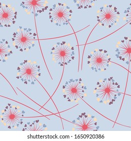 Tapa de diente de león que sopla vectorial sin fisuras. Flores de primavera con el corazón en forma de flor volando. Las hierbas de Dandelion praderas flores diseño de motivos florales. El prado florece con pétalos de corazones.