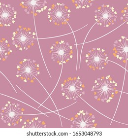 Cute dandelion blowing vector floral seamless pattern. Cute flowers with heart shaped petals. Vector dandelion herbs meadow flowers floral background. Hearts love symbols meadow blossom.
