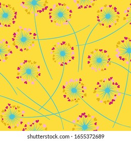Cute dandelion blowing vector floral seamless pattern. Lovely flowers with heart shaped petals. Dandelion herbs meadow flowers floral pattern design. Meadow blossom fabric print graphics.