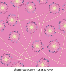 Cute dandelion blowing vector floral seamless pattern. Cute flowers with heart shaped fluff flying. Dandelion herbs meadow flowers floral pattern design. Meadow blossom fabric print.
