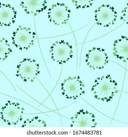 Tapa de diente de león que sopla vectorial sin fisuras. Hermosas flores con el corazón en forma de flor volando. Las hierbas de Dandelion praderas flores diseño de motivos florales. Los símbolos del amor del corazón florecen.