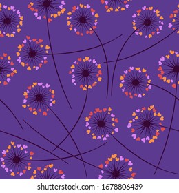 Cute dandelion blowing vector floral seamless pattern. Cute flowers with heart shaped fluff flying. Vector dandelion herbs meadow flowers floral background. Hearts love symbols meadow blossom.