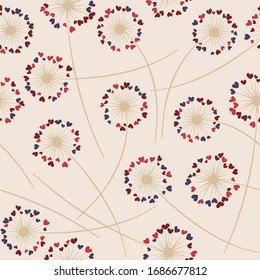Cute dandelion blowing vector floral seamless pattern. Simple flowers with heart shaped petals. Dandelion herbs meadow flowers floral background design. Meadow blossom with hearts petals.
