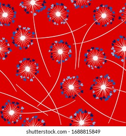 Cute dandelion blowing vector floral seamless pattern. Simple flowers with heart shaped petals. Vector dandelion herbs meadow flowers floral background. Meadow blossom textile print graphics.