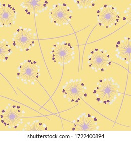 Tapa de diente de león que sopla vectorial sin fisuras. Flores cortas con pétalos en forma de corazón. Las hierbas vectinas de león prensan flores de fondo floral. El prado florece con corazones zumbados.