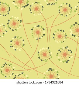 Cute dandelion blowing vector floral seamless pattern. Simple flowers with heart shaped fluff flying. Vector dandelion herbs meadow flowers floral background. Meadow blossom textile print.