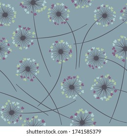 Cute dandelion blowing vector floral seamless pattern. Simple flowers with heart shaped fluff flying. Dandelion herbs meadow flowers floral pattern design. Meadow blossom textile print graphics.