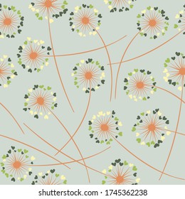Cute dandelion blowing vector floral seamless pattern. Spring flowers with heart shaped petals. Dandelion herbs meadow flowers floral pattern design. Meadow blossom with hearts petals.