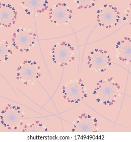 Cute dandelion blowing vector floral seamless pattern. Cute flowers with heart shaped fluff flying. Vector dandelion herbs meadow flowers floral background. Meadow blossom fabric print.
