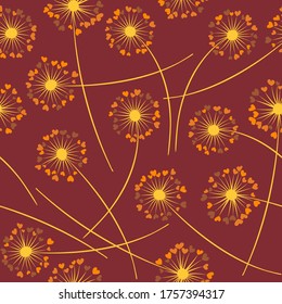 Cute dandelion blowing vector floral seamless pattern. Lovely flowers with heart shaped fluff flying. Dandelion herbs meadow flowers floral pattern design. Meadow blossom fabric print graphics.