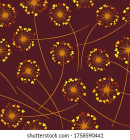 Cute dandelion blowing vector floral seamless pattern. Lovely flowers with heart shaped fluff flying. Vector dandelion herbs meadow flowers floral background. Meadow blossom fabric print graphics.