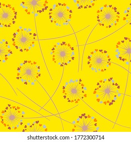 Cute dandelion blowing vector floral seamless pattern. Simple flowers with heart shaped fluff flying. Dandelion herbs meadow flowers floral background design. Meadow blossom with hearts petals.