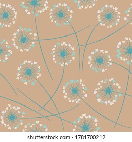 Cute dandelion blowing vector floral seamless pattern. May flowers with heart shaped petals. Dandelion herbs meadow flowers floral pattern design. Meadow blossom fabric print graphics.
