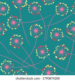 Cute dandelion blowing vector floral seamless pattern. Cute flowers with heart shaped petals. Dandelion herbs meadow flowers floral background design. Meadow blossom textile print graphics.