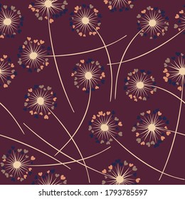 Patrón de flujo sin soldadura del vector de soplado de dandelion. Que las flores tengan pétalos en forma de corazón. Las hierbas de Dandelion marcan flores de diseño de patrones florales. Impresión de tela de flores de pradera.