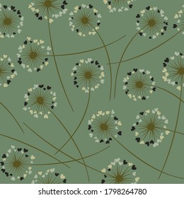 Patrón de flujo sin soldadura del vector de soplado de dandelion. Flores cortas con forma de corazón volando. Las hierbas de Dandelion representan flores de diseño de fondo floral. Gráficos de impresión de tela de flores de pradera.
