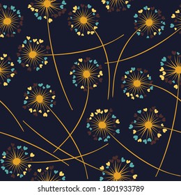 Cute dandelion blowing vector floral seamless pattern. Simple flowers with heart shaped fluff flying. Dandelion herbs meadow flowers floral background design. Meadow blossom textile print graphics.