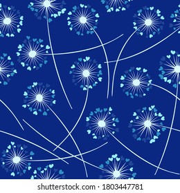 Cute dandelion blowing vector floral seamless pattern. Spring flowers with heart shaped petals. Vector dandelion herbs meadow flowers floral background. Meadow blossom textile print graphics.