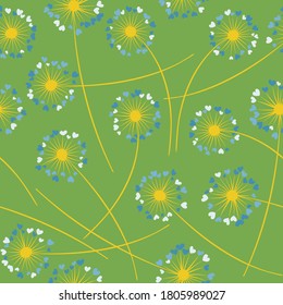 Cute dandelion blowing vector floral seamless pattern. Lovely flowers with heart shaped fluff flying. Vector dandelion herbs meadow flowers floral background. Meadow blossom fabric print graphics.
