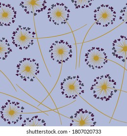 Cute dandelion blowing vector floral seamless pattern. Lovely flowers with heart shaped petals. Vector dandelion herbs meadow flowers floral background. Meadow blossom with hearts petals.