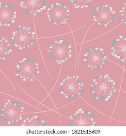 Patrón de flujo sin soldadura del vector de soplado de dandelion. Hermosas flores con pétalos en forma de corazón. Las hierbas de Dandelion representan flores de diseño de fondo floral. Impresión de tela de flores de pradera.