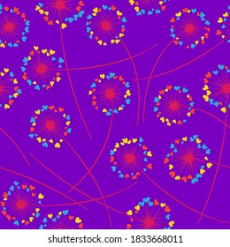 Cute dandelion blowing vector floral seamless pattern. Spring flowers with heart shaped petals. Dandelion herbs meadow flowers floral pattern design. Meadow blossom fabric print graphics.