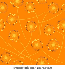 Cute dandelion blowing vector floral seamless pattern. Lovely flowers with heart shaped fluff flying. Dandelion herbs meadow flowers floral background design. Meadow blossom textile print.